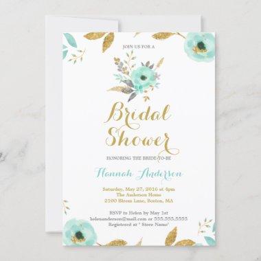 Mint Gold flower Wreath Bridal Shower Invite