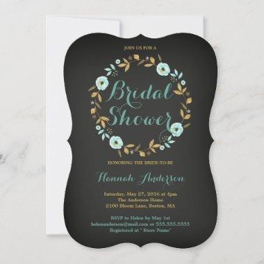 Mint Gold flower Wreath Chalkboard Bridal Shower Invitations