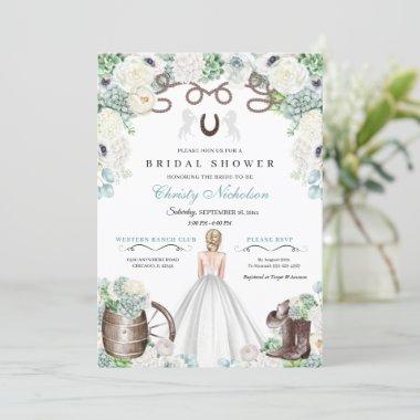 Mint Green and White Western Bridal Shower Invitations
