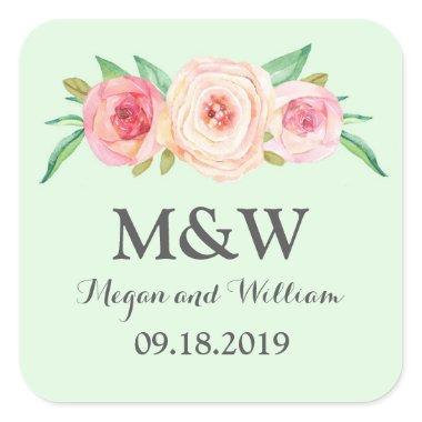 Mint Green Blush Pink Floral Monogram Wedding Square Sticker