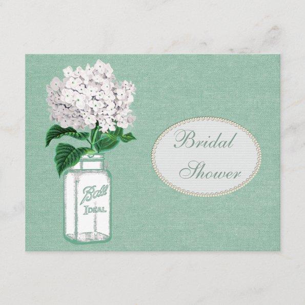 Mint Green Burlap, Jar & Hydrangea Bridal Shower Invitations