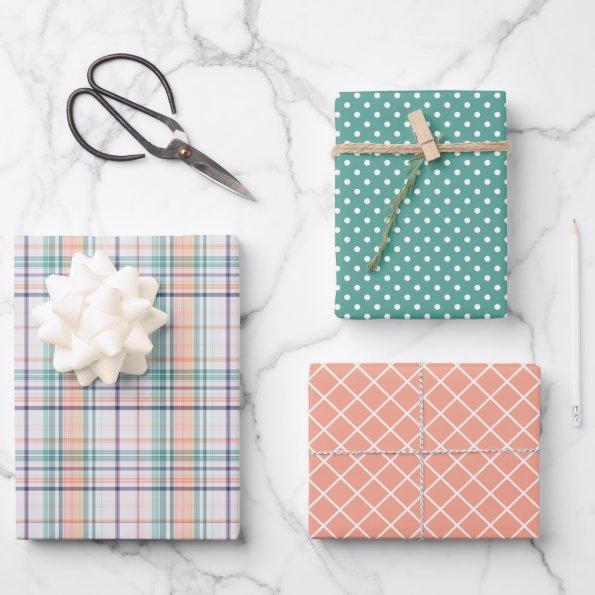 Mint Green Coral Orange Violet Stripes Polkadots Wrapping Paper Sheets