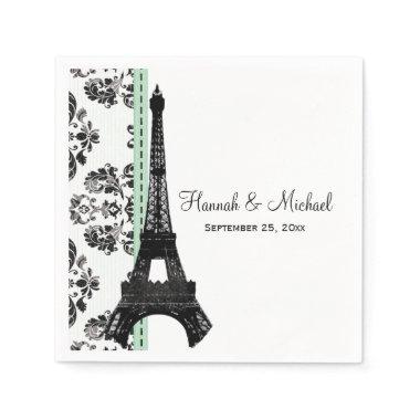 Mint Green Damask Eiffel Tower Wedding Paper Napkins