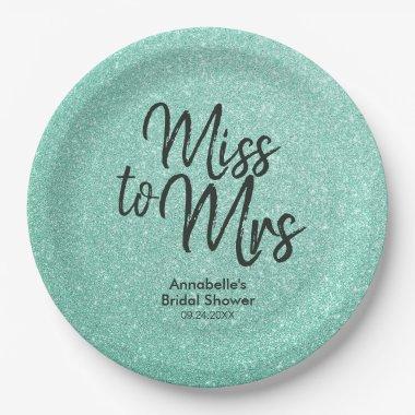 Mint Green Glitter Girly Miss to Mrs Bridal Shower Paper Plates