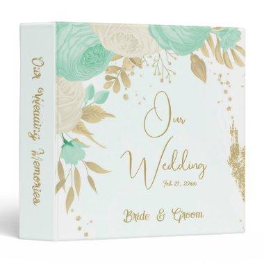 mint green &hite flowers gold floral wedding album 3 ring binder