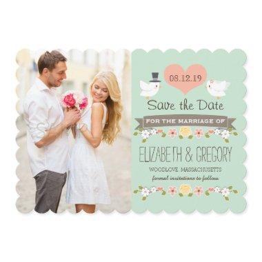 Mint Green Love Birds Wedding Save the Date Invitations