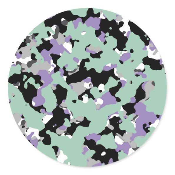 Mint Green & Purple Camouflage Camo Print Party Classic Round Sticker