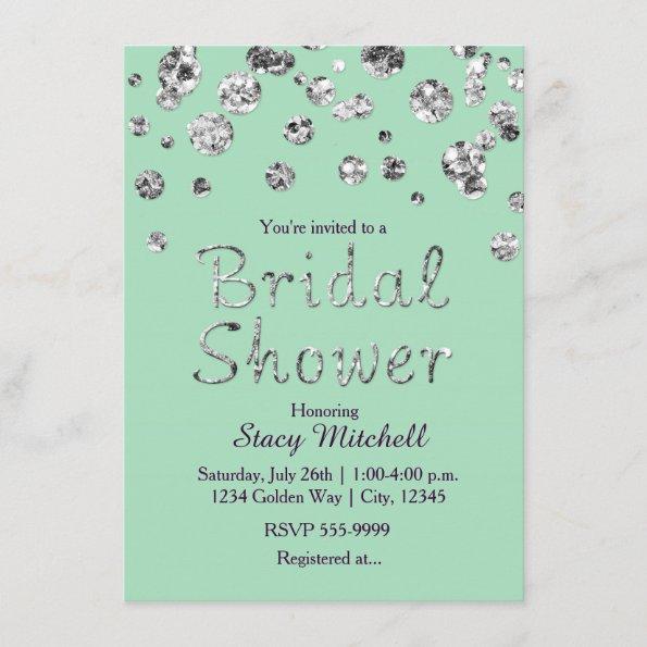 Mint Green Silver Glitter Bridal Shower Invitations