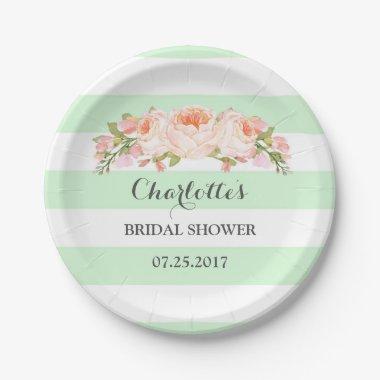 Mint Green Stripes Floral Bridal Shower Plate