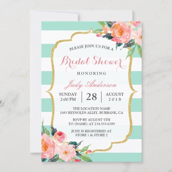 Mint Green Stripes | Floral Chic Bridal Shower Invitations