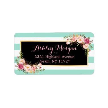 Mint Green Stripes with Pink Floral Decor Label