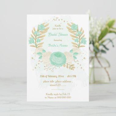 mint green white flowers gold floral bridal shower Invitations