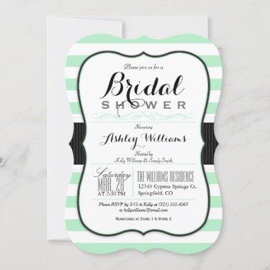 Mint Green & White Stripes; Elegant Bridal Shower Invitations