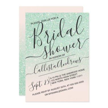 Mint Pink Sparkly Glitter Ombre Bridal Shower Invitations