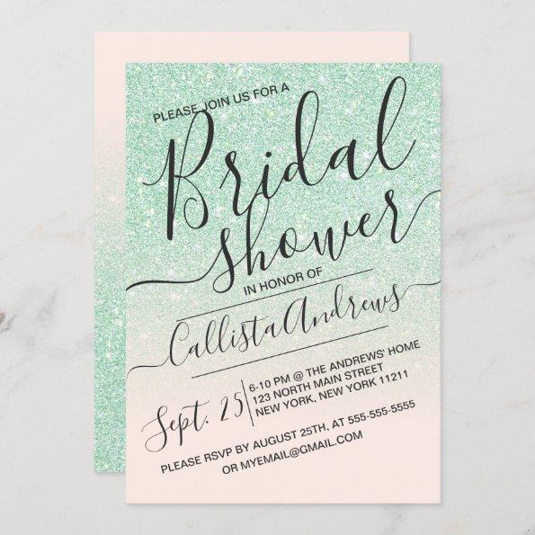 Mint Pink Sparkly Glitter Ombre Bridal Shower Invitations