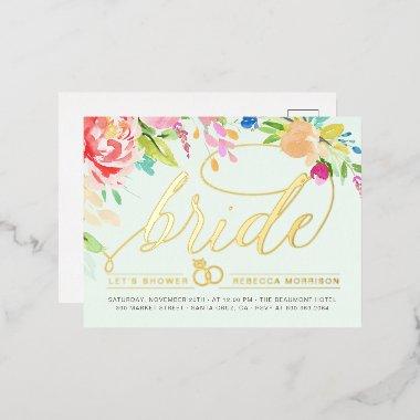 Mint | Roses & Gold Diamond Ring Bridal Shower Foil Invitation PostInvitations