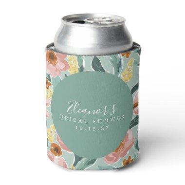 Mint Sage Pink Floral Script Bridal Shower Custom Can Cooler