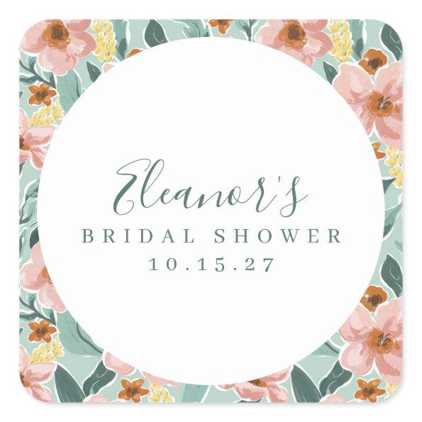 Mint Sage Pink Floral Script  Custom Square Sticker