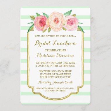 Mint Stripes Gold Pink Floral Bridal Lunch Invitations