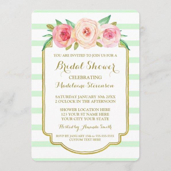 Mint Stripes Gold Pink Floral Bridal Shower Invitations