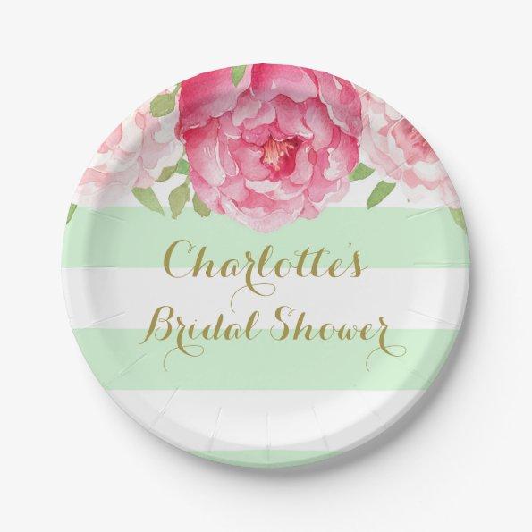 Mint Stripes Pink Watercolor Bridal Shower Plate