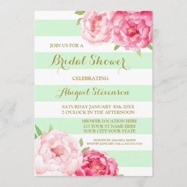 Mint Stripes Pink Watercolor Flowers Bridal Shower Invitations