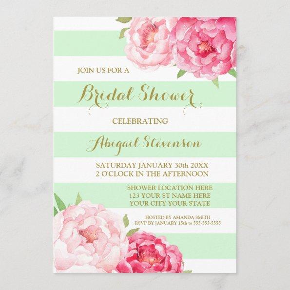 Mint Stripes Pink Watercolor Flowers Bridal Shower Invitations