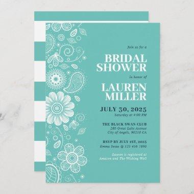 Mint Teal Flower Swirls Paisley Pattern Floral Invitations