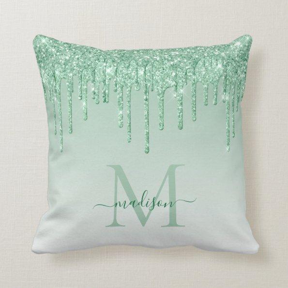 Mint Teal Green Glitter Drips Glam Monogram Script Throw Pillow