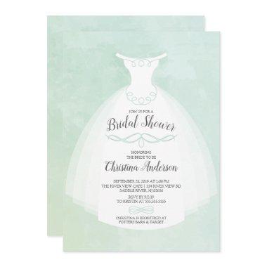 Mint Watercolor Bride Gown Bridal Shower Invitations