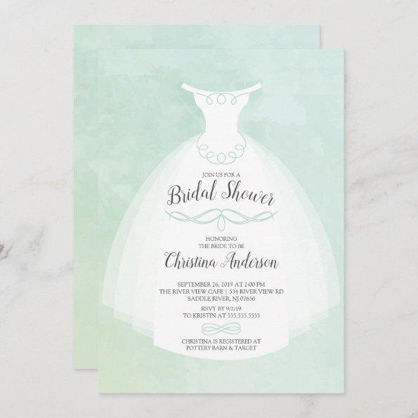 Mint Watercolor Bride Gown Bridal Shower Invitations