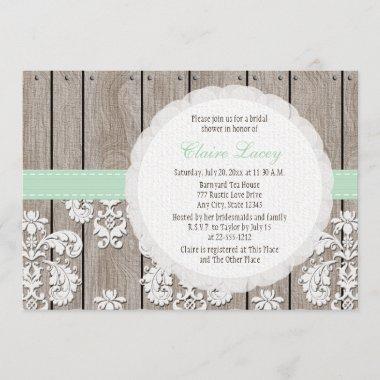 Mint Wood Lace Rustic Bridal Shower Invitations