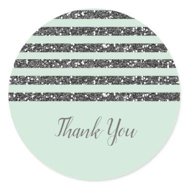 Minty Mint Green & Silver Glitter Stripes Party Classic Round Sticker
