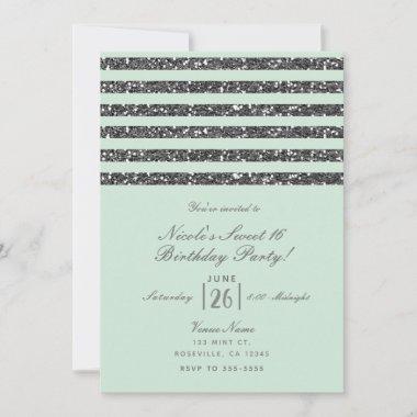 Minty Mint Green & Silver Glitter Stripes Party Invitations