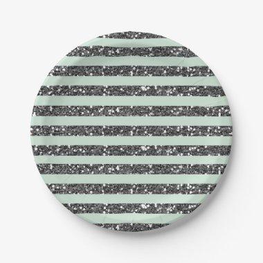 Minty Mint Green & Silver Glitter Stripes Party Paper Plates