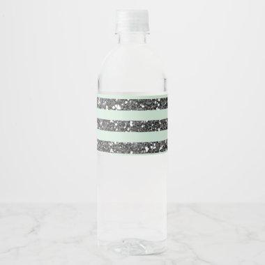 Minty Mint Green & Silver Glitter Stripes Party Water Bottle Label
