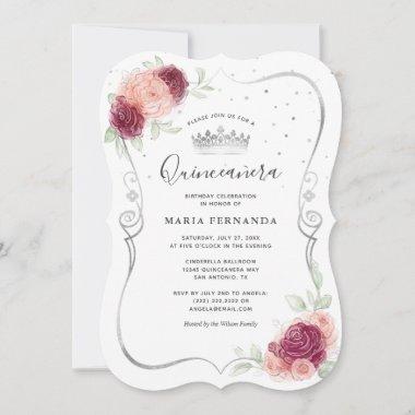 Mis Quince Burgundy Blush and Silver Quinceanera Invitations