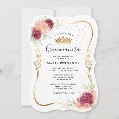 Mis Quince Burgundy Blush Gold Floral Quinceanera Invitations
