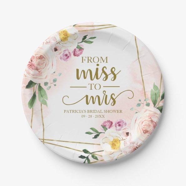 Miss to Mrs Blush Floral Geometric Bridal Shower Paper Plates