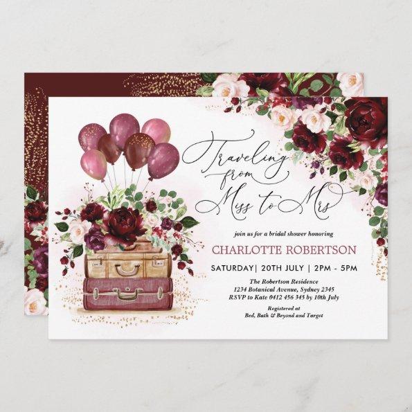 Miss to Mrs Bridal Shower Burgundy Floral Balloons Invitations