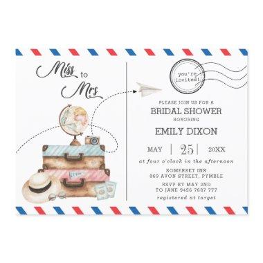 Miss to Mrs Bridal Shower Travel Voyage Postage Invitations