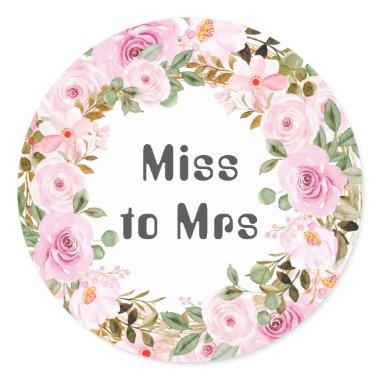 Miss to Mrs  Watercolor Pink Flora Classic Round Sticker