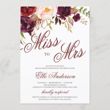 Miss to Mrs burgundy floral boho bridal shower Invitations