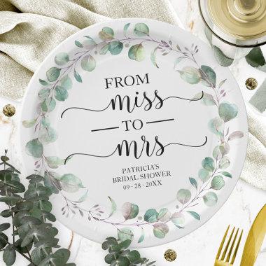 Miss to Mrs Greenery Eucalyptus Bridal Shower Paper Plates