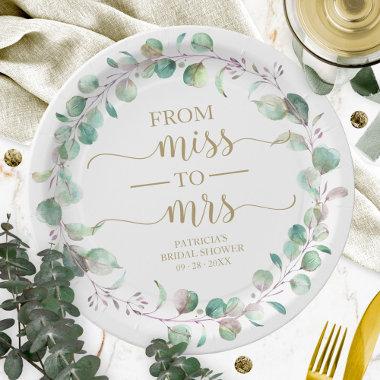 Miss to Mrs Greenery Eucalyptus Bridal Shower Paper Plates
