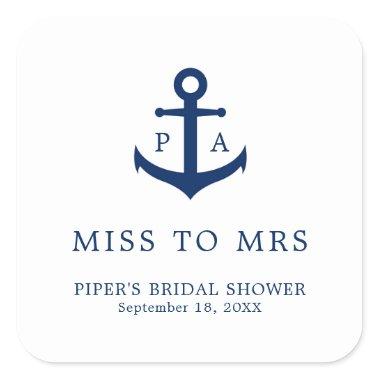 Miss to Mrs Nautical Anchor Monogram Bridal Shower Square Sticker