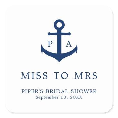 Miss to Mrs Nautical Anchor Monogram  Square Sticker