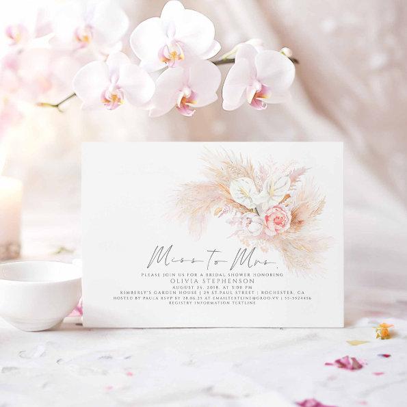 Miss to Mrs Pampas Grass Pink Floral Bridal Shower Invitations