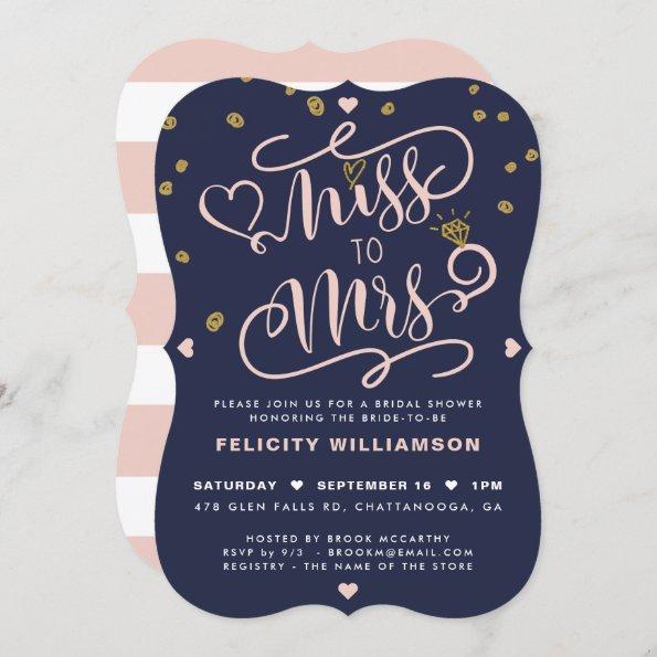 Miss To Mrs Pink Gold & Navy Stripe Bridal Shower Invitations