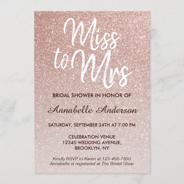 Miss to Mrs Pink Rose Gold Glitter Bridal Shower Invitations
